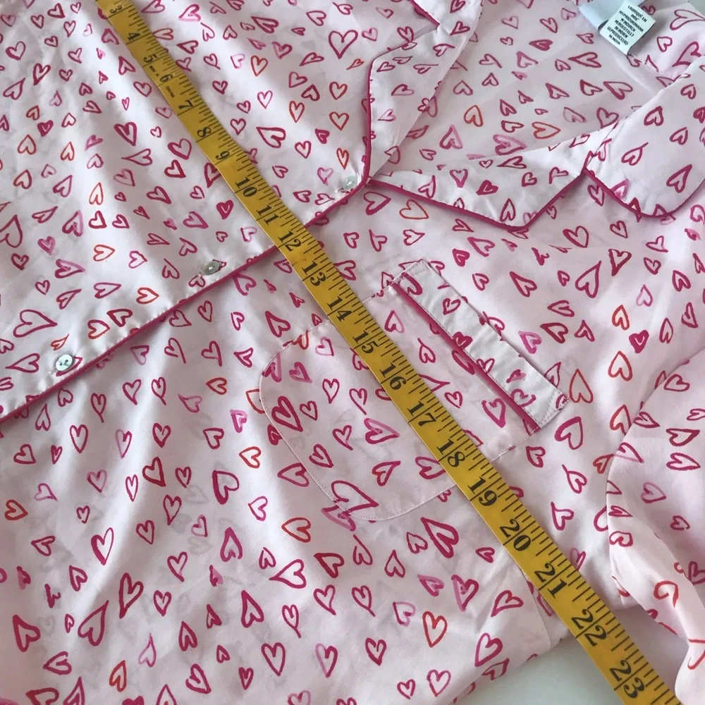 Joie Heart Love Pajama Set Long Sleeve Button Down Top & Pants w/ Pockets size L